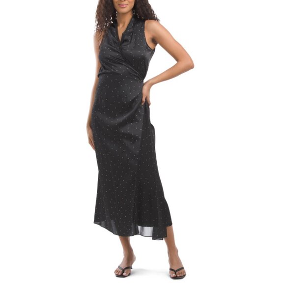 VINCE Black/Grey Dot Wrap Dress With Paneled Chiffon